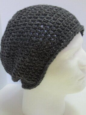 Organic Gray Wool Cotton Hat OS Beanie Short Slouch Cap Soft Handmade Crochet